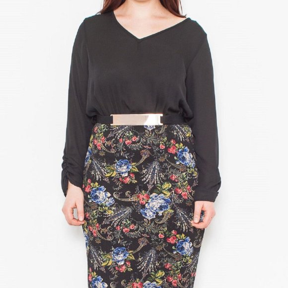 Blue Bell Ladies Sheath Dress V-Neck Long-Sleeve Black Floral Size 3XL  NWOT - Picture 4 of 5